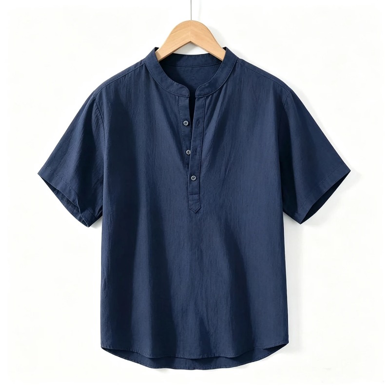 Linen Shirt Breathable - 여름 남성 반팔 셔츠 단색 스탠드