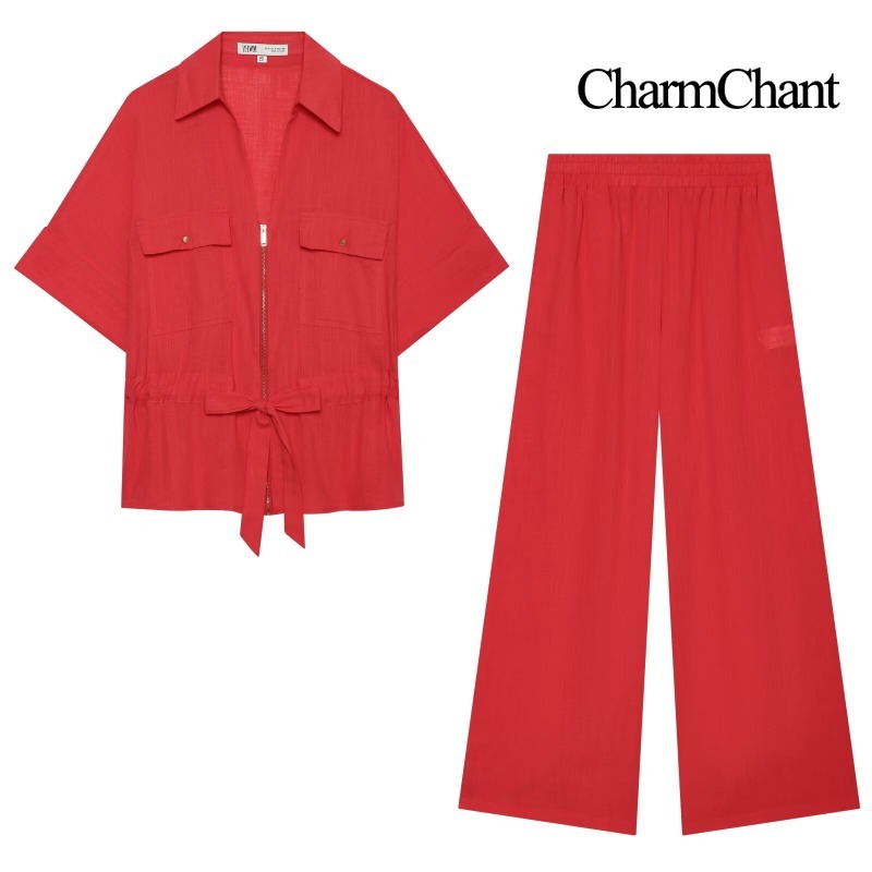 Short Linen Drawstring - CHARMCHANT 여성용 솔리드 리넨 블렌드 투피스