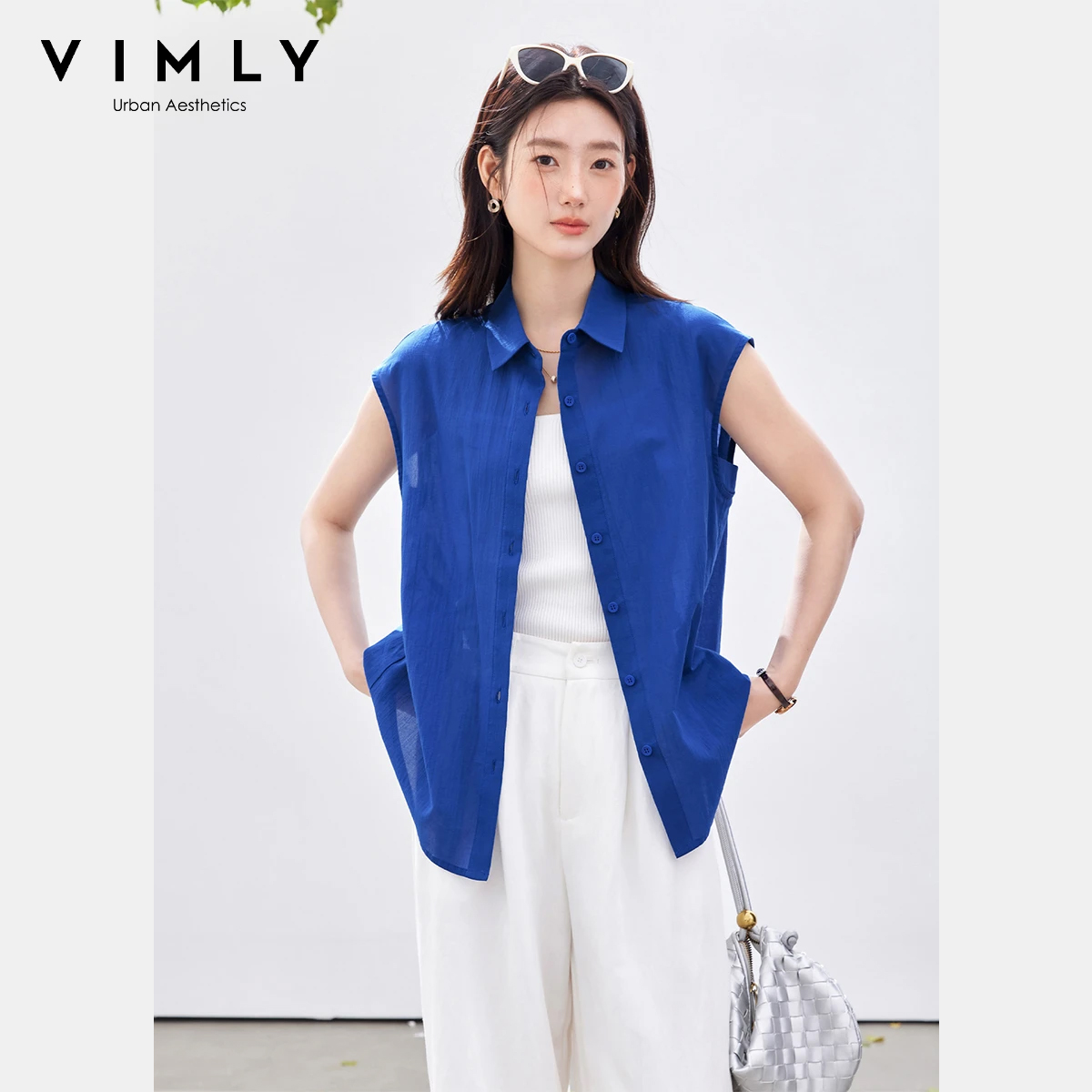 Shirt Camp Collar - VIMLY 미니멀리스트 오피스 민소매 블라우스 여성