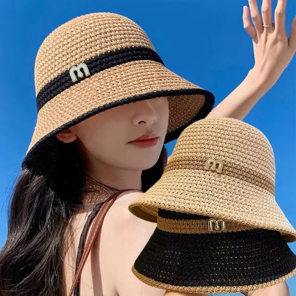Bucket Hat Straw - 통기성 우수하고 우아한 리본 장식의 접이식