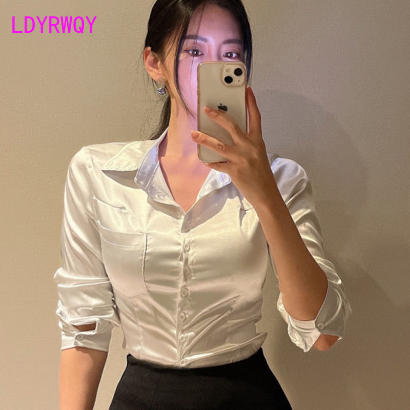 Shirt Camp Collar - 한국 여성 폴로 칼라 새틴 긴팔