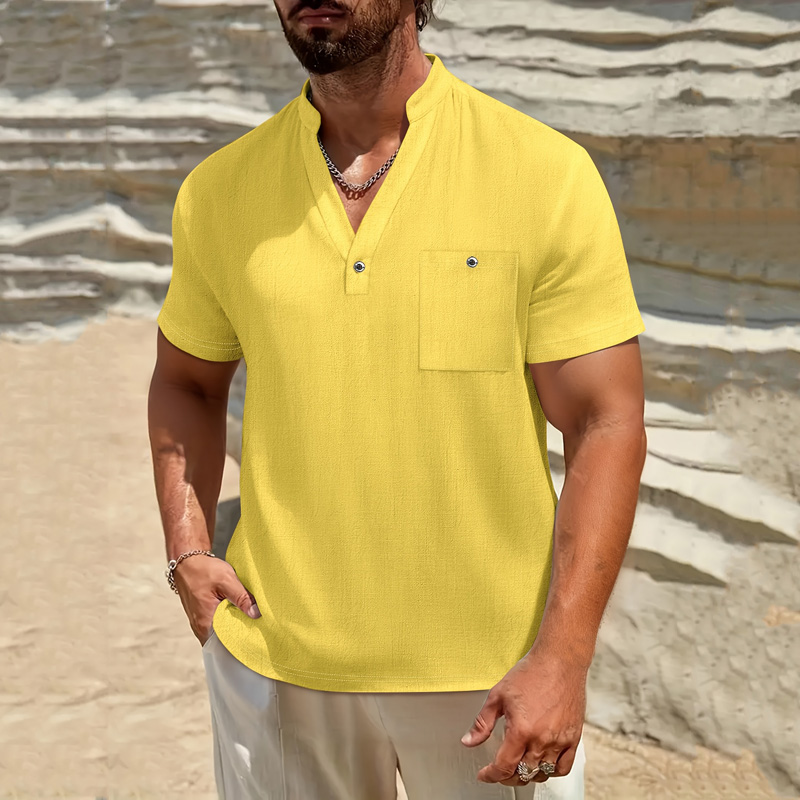 Linen Shirt Breathable - 남성 코튼 린넨 헨리넥 셔츠 반팔