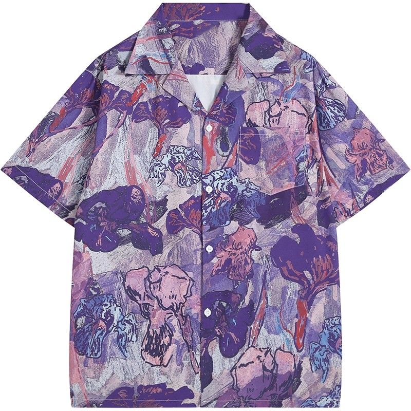 Resort Shirt Floral - 빈티지 퍼플 유화 아이리스 꽃무늬 추상화