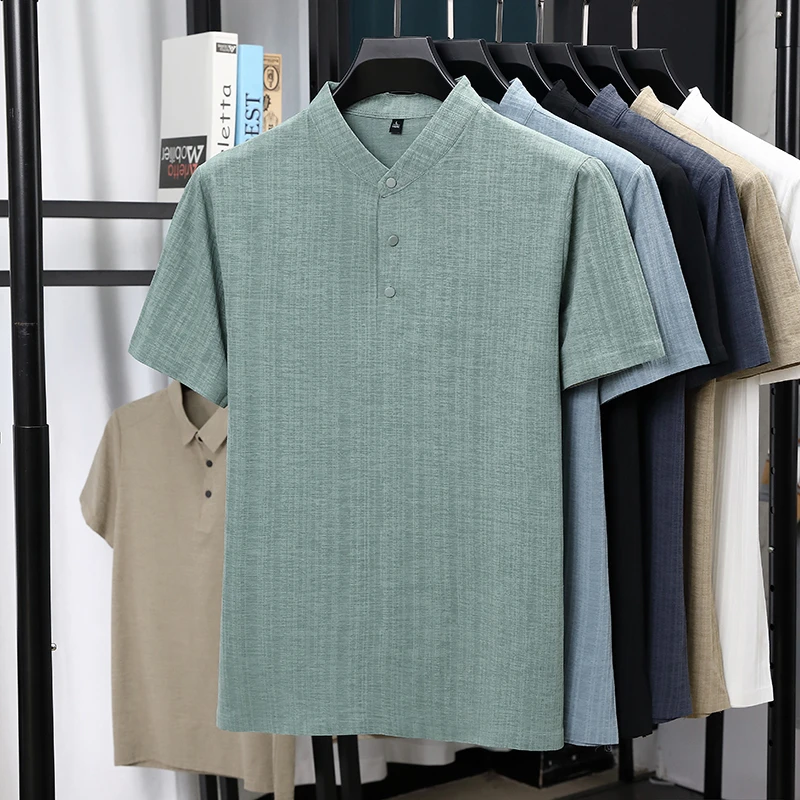 Linen Shirt Breathable - 남성용 만다린 칼라 하프 플래킷 리넨
