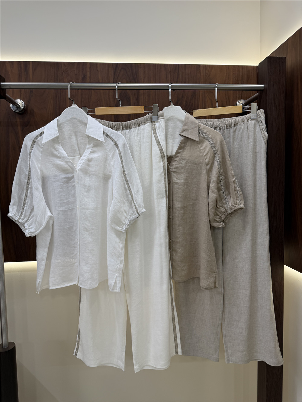 Short Linen Drawstring - 여성용 라펠 반팔 셔츠와 드로스트링 와이드