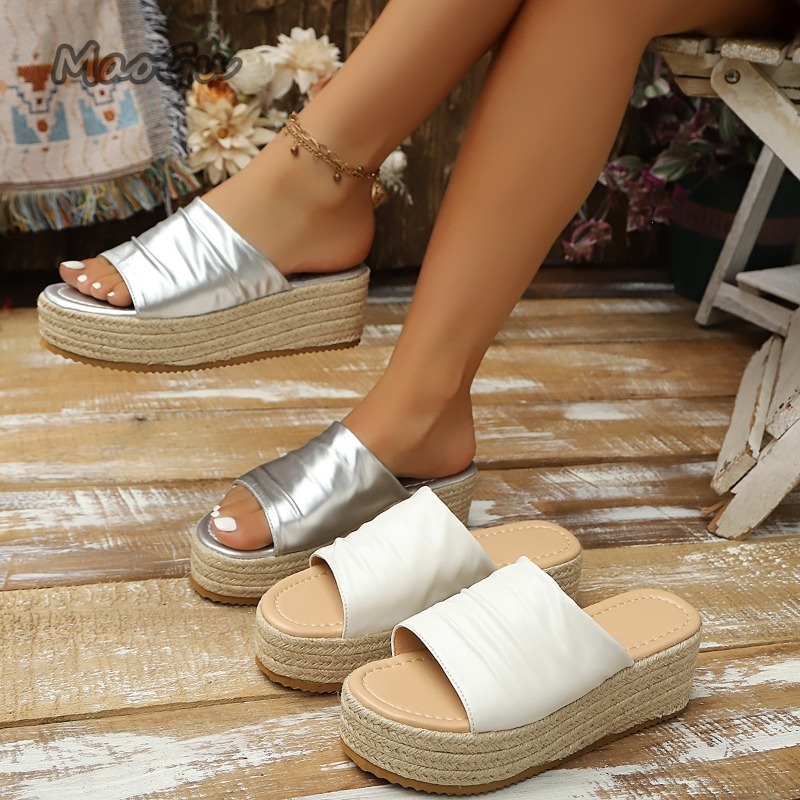 Espadrille Slip On - 여성용 주름 장식 에스파드리유 웨지 슬라이드