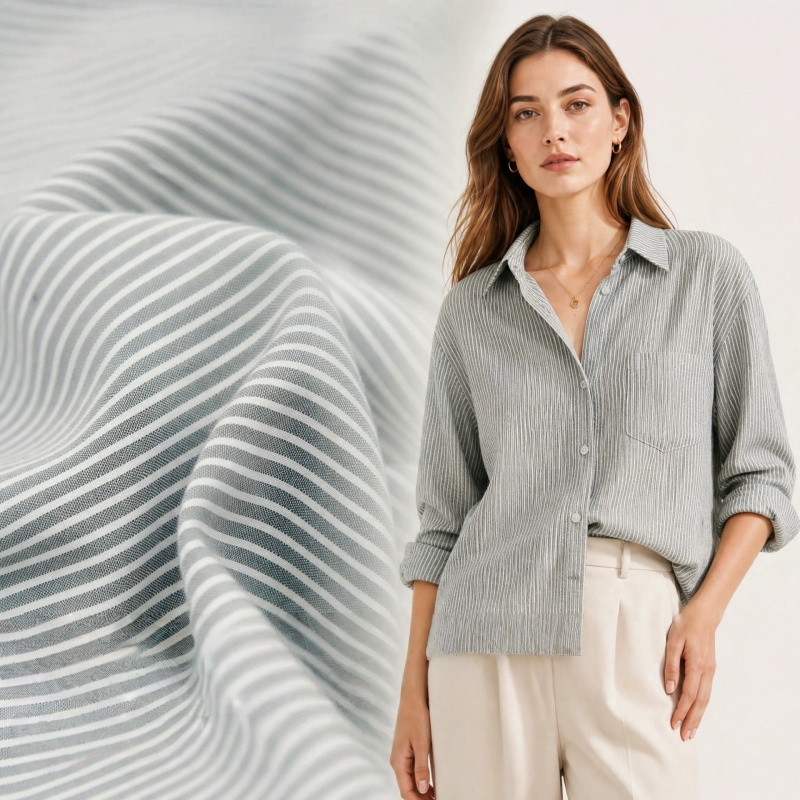 Linen Shirt Breathable - 일본식 회백색 고급 줄무늬 통기성 면-린넨