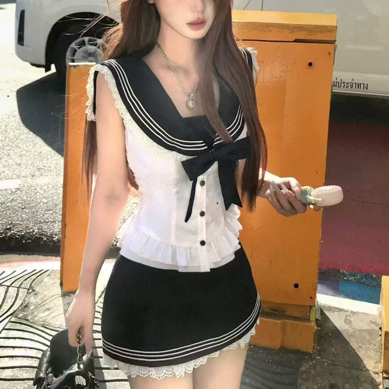 Shirt Camp Collar - 대학 스타일 보우 스위트 2 피스