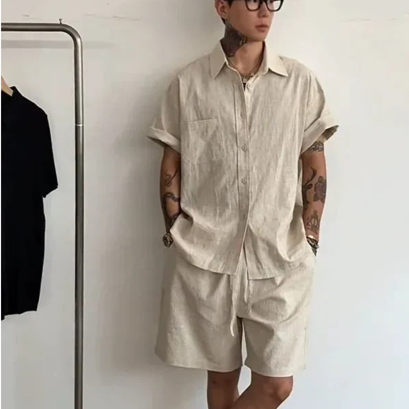 Linen Shirt Breathable - 남성 린넨 코튼 투피스 세트 루즈핏