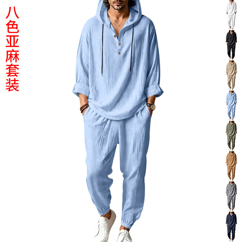 Short Linen Drawstring - 남성 여름 린넨 투피스 세트, 후드