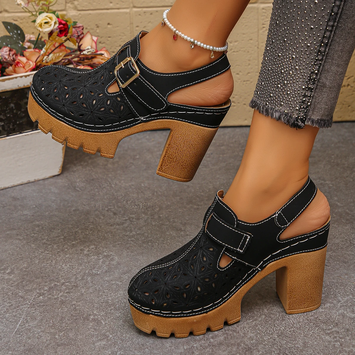 Casual Sandal Leather - 대형 사이즈 여성용 두꺼운 굽 샌들