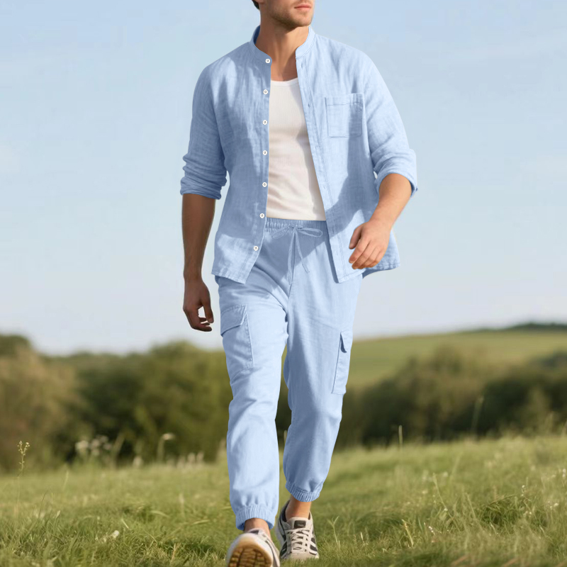 남성용 린넨 통기성 투피스 세트 (스탠드 칼라 긴팔 셔 - Linen Shirt Breathable 리뷰 및 가격