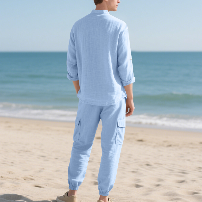 남성용 린넨 통기성 투피스 세트 (스탠드 칼라 긴팔 셔 - Linen Shirt Breathable 리뷰 및 가격