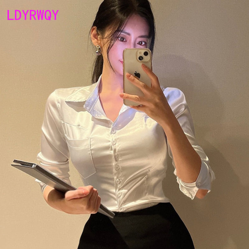 한국 여성 폴로 칼라 새틴 긴팔 셔츠, 2023 가을  - Shirt Camp Collar 리뷰 및 가격