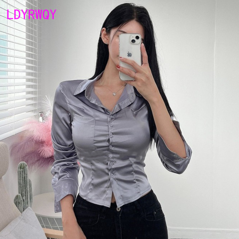 한국 여성 폴로 칼라 새틴 긴팔 셔츠, 2023 가을  - Shirt Camp Collar 리뷰 및 가격