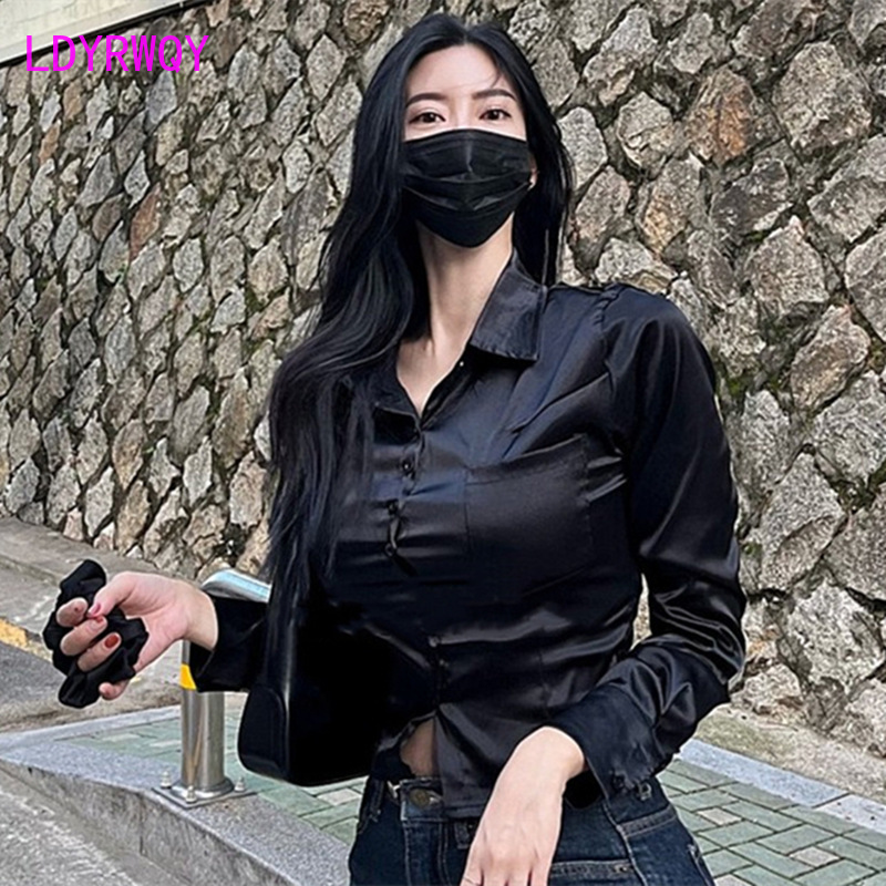 한국 여성 폴로 칼라 새틴 긴팔 셔츠, 2023 가을  - Shirt Camp Collar 리뷰 및 가격