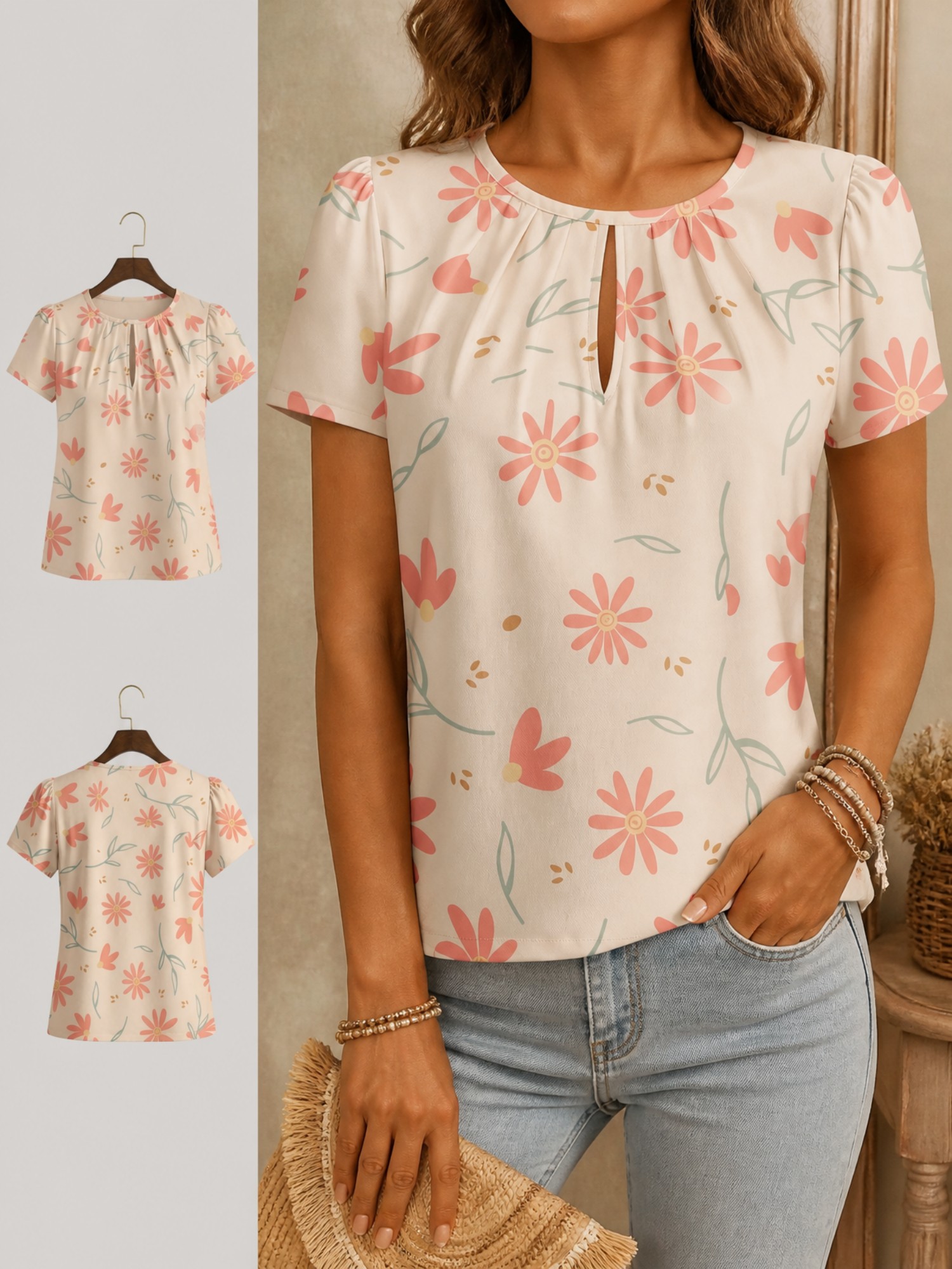 2026 신상 여성용 라운드넥 우아한 티셔츠, 반팔,  - Resort Shirt Floral 리뷰 및 가격