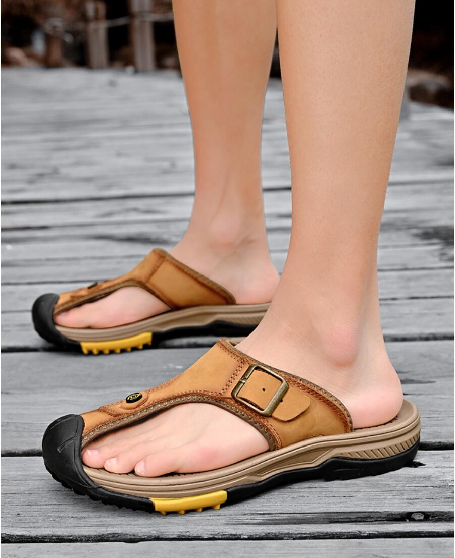 정품 가죽 샌들 남성 통기성 여름 신발 남성 방수 야외 - Flip Flop Leather Men 리뷰 및 가격