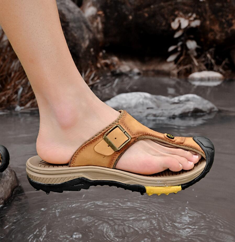 정품 가죽 샌들 남성 통기성 여름 신발 남성 방수 야외 - Flip Flop Leather Men 리뷰 및 가격