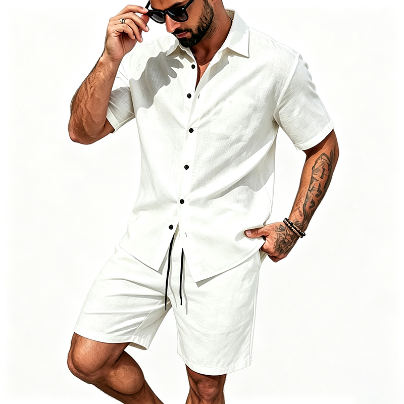남성 린넨 투피스 세트 반팔 라펠 버튼 셔츠 밴딩 반바 - Linen Shirt Breathable 리뷰 및 가격