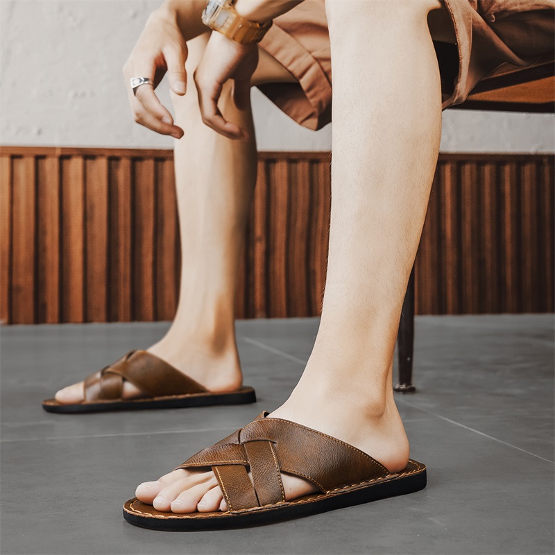 정품 가죽 남성 캐주얼 샌들 여름 남성 슬리퍼 야외 통 - Flip Flop Leather Men 리뷰 및 가격