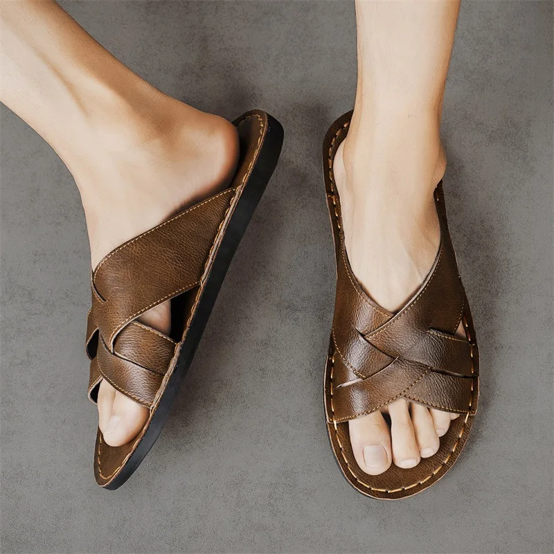 정품 가죽 남성 캐주얼 샌들 여름 남성 슬리퍼 야외 통 - Flip Flop Leather Men 리뷰 및 가격