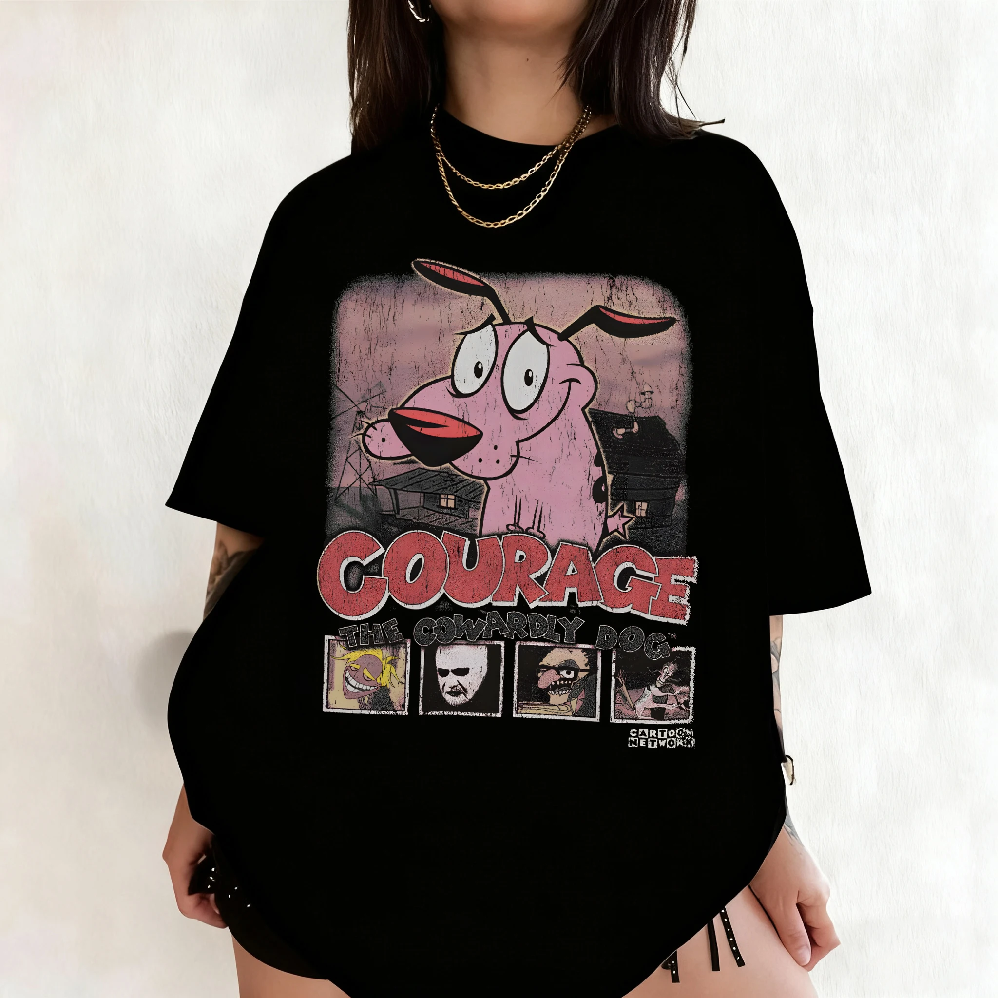 여름 빈티지 용기 겁쟁이 개 만화 프린트 반팔 티셔츠  - Tee Graphic Print 리뷰 및 가격