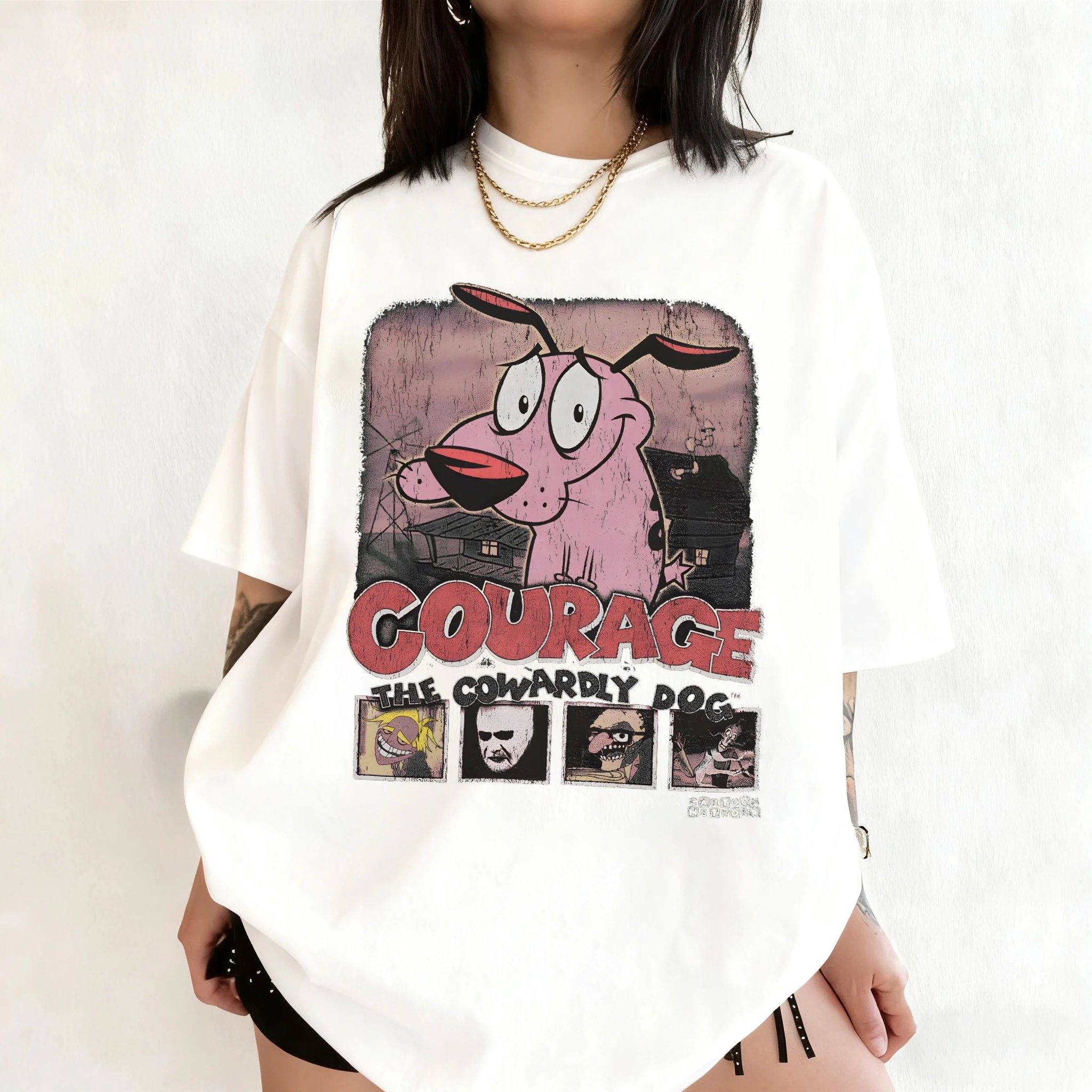 여름 빈티지 용기 겁쟁이 개 만화 프린트 반팔 티셔츠  - Tee Graphic Print 리뷰 및 가격
