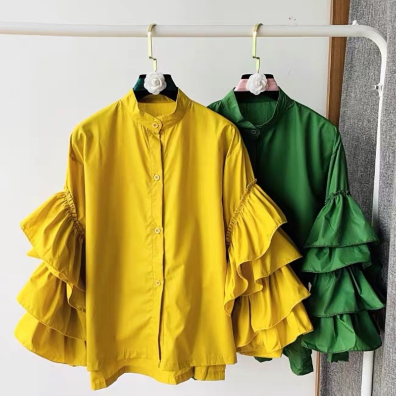 여성 흰색 셔츠 솔리드 풀 프릴 슬리브 턴 다운 칼라  - Shirt Camp Collar 리뷰 및 가격