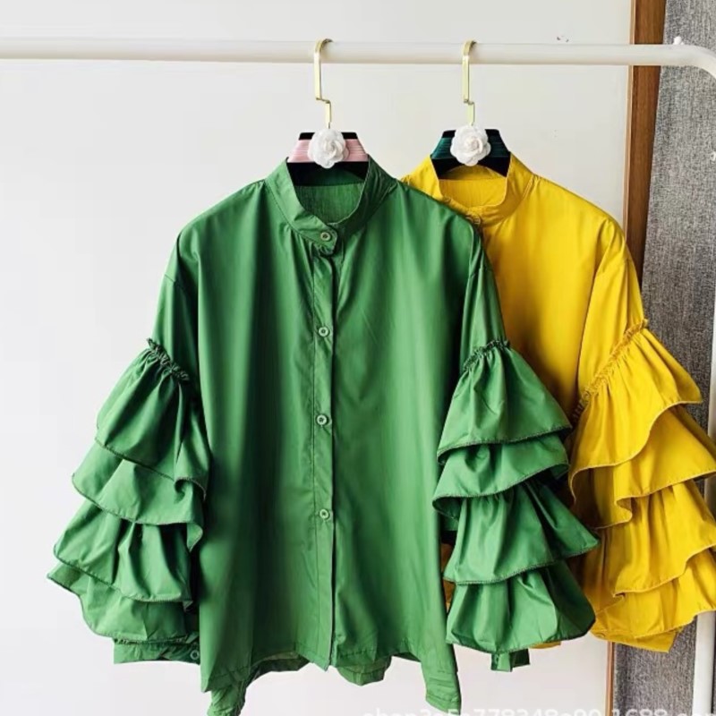 여성 흰색 셔츠 솔리드 풀 프릴 슬리브 턴 다운 칼라  - Shirt Camp Collar 리뷰 및 가격