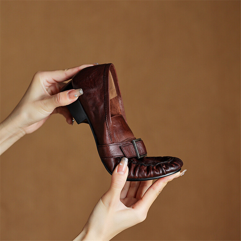 여성용 정품 가죽 펌프스, 여성용 주름진 라운드 토 슈 - Casual Sandal Leather 리뷰 및 가격