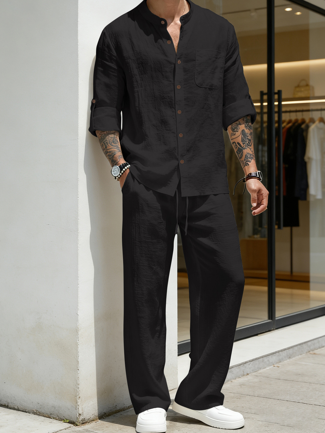 남성용 정장 루즈핏 린넨 긴팔 셔츠 및 바지 비치 세트 - Linen Shirt Breathable 리뷰 및 가격